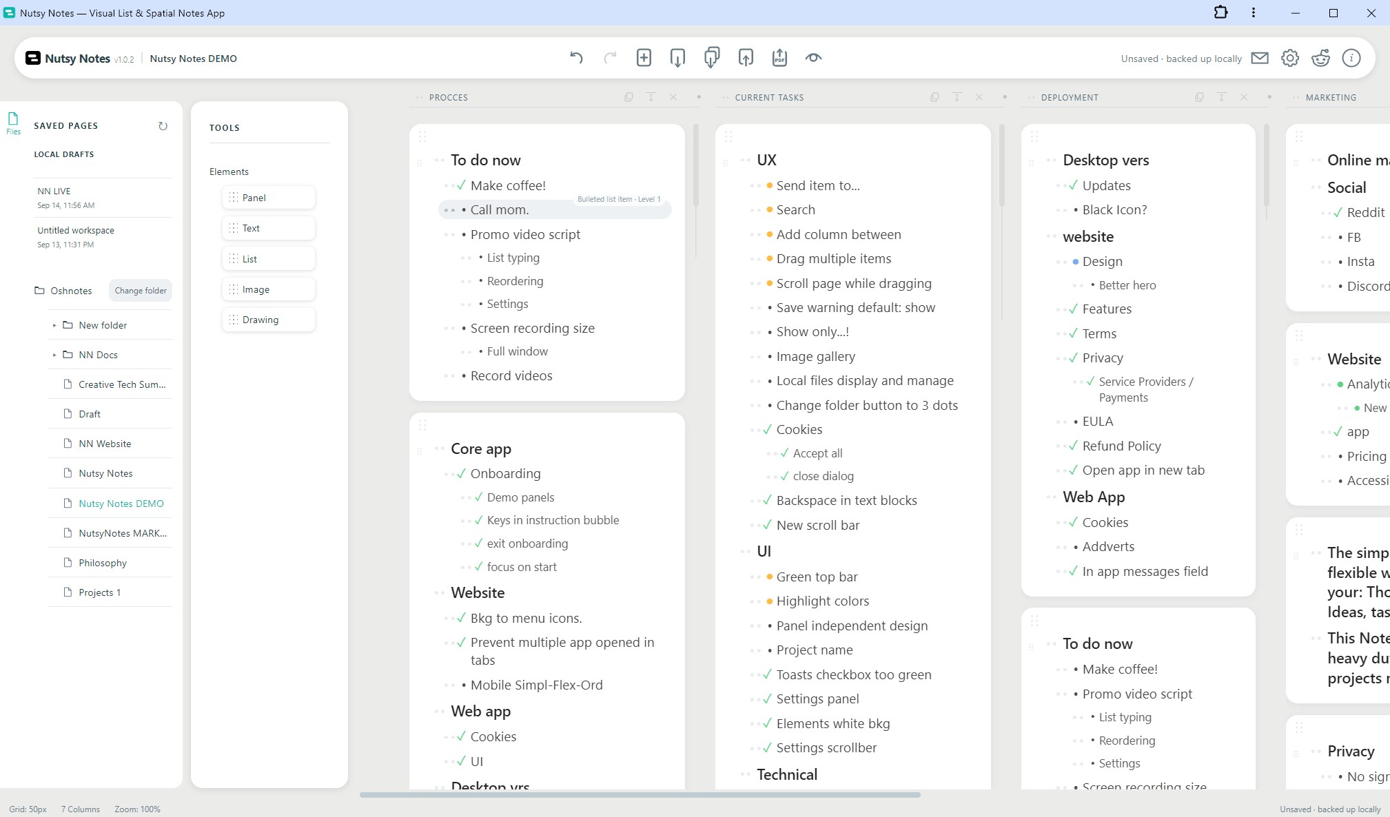 Nutsy Notes desktop workspace with movable hierarchical lists